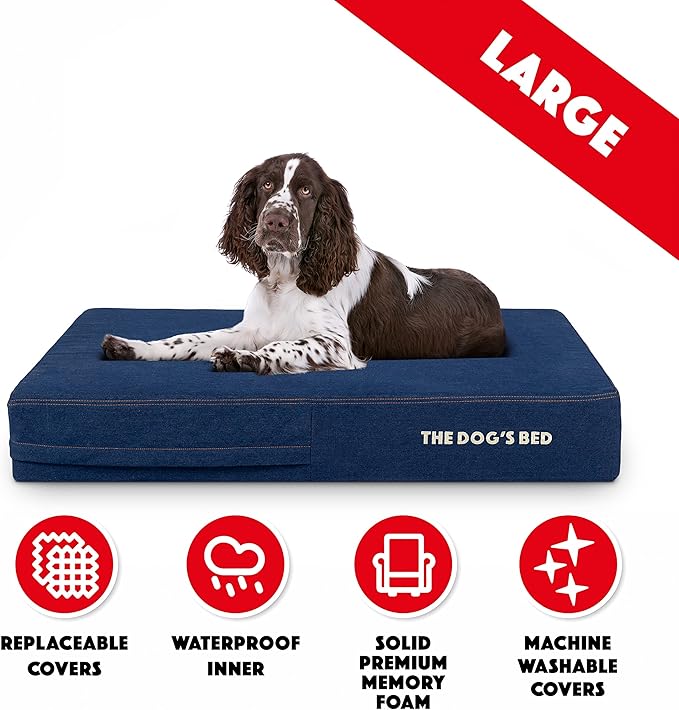 The Dog’s Bed Orthopedic Memory Foam Dog Bed, Large Blue Denim 40x25, Pain Relief for Arthritis, Hip & Elbow Dysplasia, Post Surgery, Lameness, Supportive, Calming, Waterproof Washable Cover