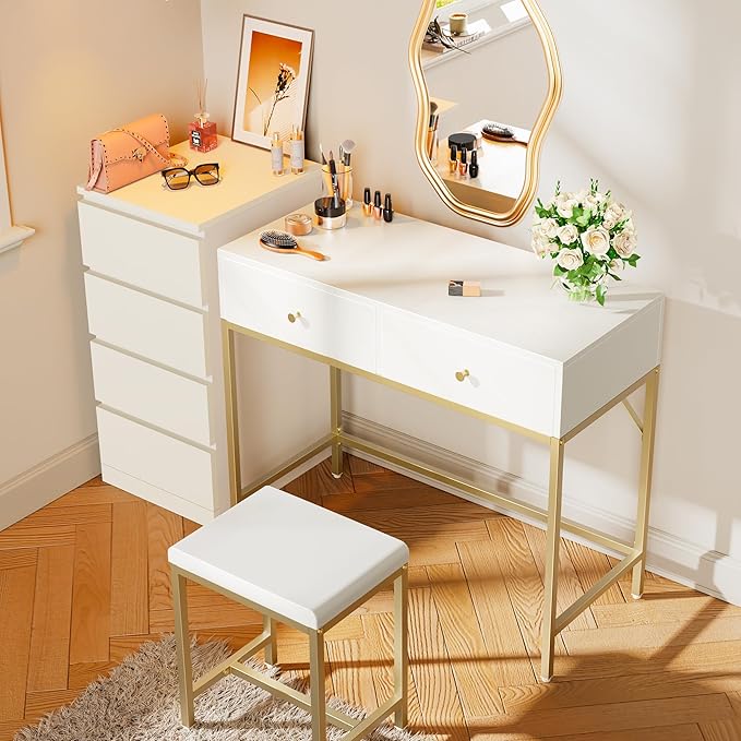 SUPERJARE 35.4" White and Gold Desk with 2 Drawers, Modern Makeup Vanity with Padded Stool, Small Computer Desk Home Office Desk for Writing Study Bedroom