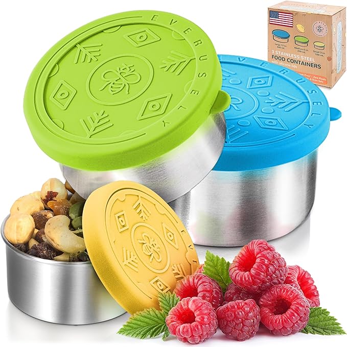 Everusely - Stainless Steel Food Containers - 3 Pack, Summer - Metal Lunch Box - Nesting Snack Containers for Office, Home Food Storage - Leakproof Silicone Lids - Dishwasher and Freezer Safe