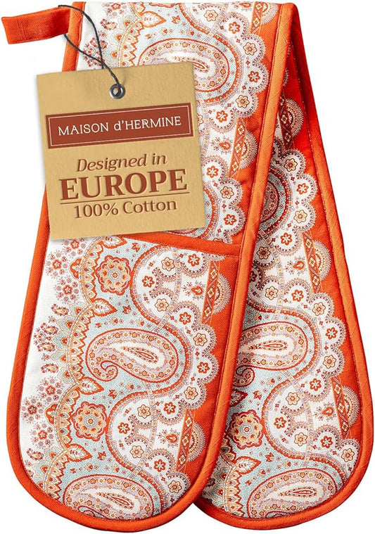 Maison d' Hermine Double Oven Mitt (7" x 35") 100% Cotton Heat Resistant BBQ Cooking Gloves with Loop for Thanksgiving Christmas Decorations Baking Cooking Barbeque Handling Hot Pan (Cachemire)