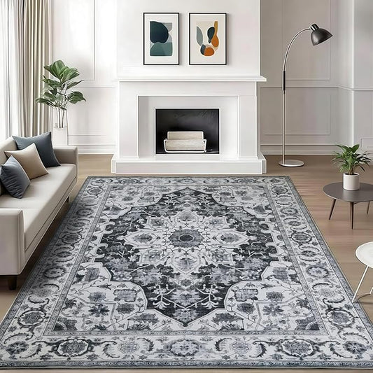 WILLSUN Washable Area Rugs, 5x7 Non-Slip Boho Large Area Rugs for Living Room, Bedroom, Machine Washable Vintage Rug, Indoor Floral Print Carpet for Home Decor, Kid & Pet Friendly Mat