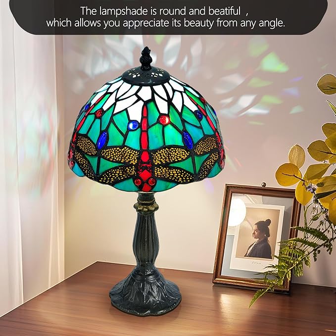 Exquisite Dragonfly Tiffany Style Table Lamp,Handcrafted Stained Glass Lamps for Bedroom, Living Room Decor,8-Inch Small Tiffany Lamp with LED Bulb.