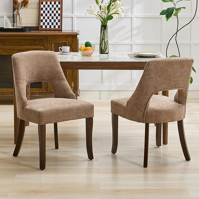 UVV Wooden Dining Chairs Set of 4, Mid Century Modern Upholstered Dining Room Chair Kitchen Chairs, Chenille Dinner Chair with Solid Wood Legs for Kitchen Dining Room, Khaki-Chenille