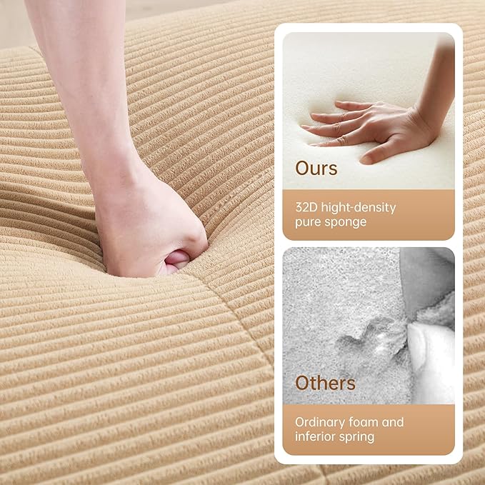 80" Modern Compressed Boneless Love Seat Couches with 1 Ottoman, 2 Seater Large Sectional Couches for Living Room, Camel Corduroy Cloud Modular Sectional Sofa, Memory Foam, Deep Loveseat, No Assembly