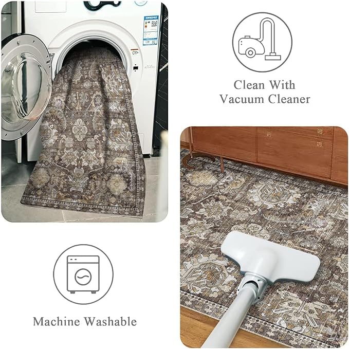 RUGSURE Washable Area Rugs - Perfect for Living Room, Bedroom, Kids Room, Nursery - Stain & Water Resistant Non-Slip, Pet & Child Friendly, Vintage Tribal Area Rugs (Ivory, 6' x 9')