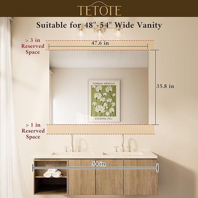 TETOTE 48" x 36" Frameless Bathroom Mirrors for Over Sink Wall-Mounted Vanity Mirror for Bedroom, Living Room, Entryway, Gym, Horizontal/Vertical