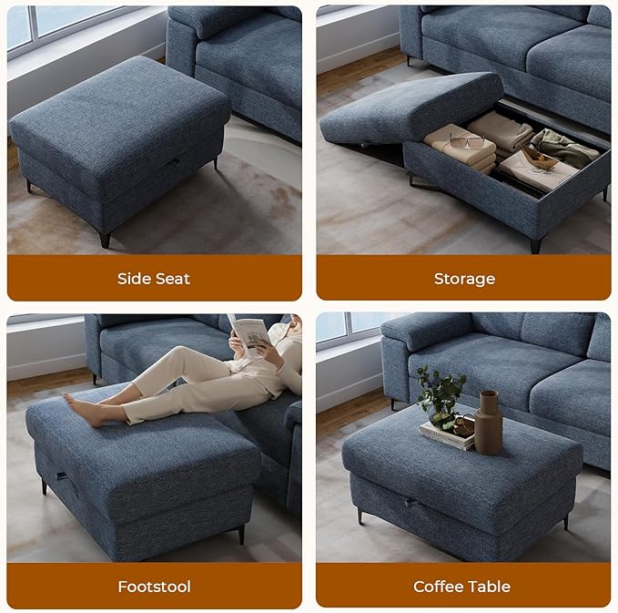 35" Large Storage Ottoman for Living Room, 7.8" Deep Seat Rectangular Ottoman Foot Rest for Couch, Chenille Storage Footstool Load 350 lb （Blue）