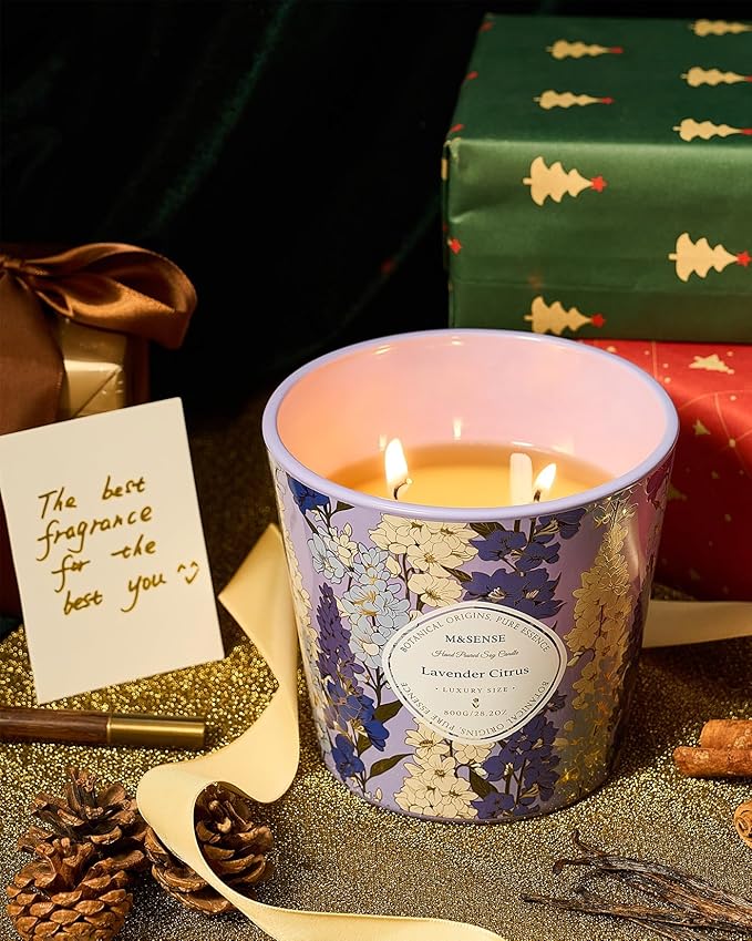 M&SENSE Lavender Citrus Scented Candle, 28.2oz 3 Wick Natural Soy Wax Large Candles, Long Lasting Clean Slow Burning No Toxic Décor for Home Relaxation, Romantic Dates & Gift-Giving