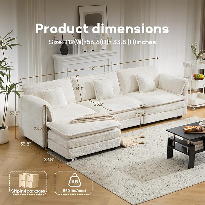 112" Modular Sectional Sofa with Movable Ottoman, L Shaped Couches for Living Room, 3 Seater Comfy Cloud Couch with Removable Cover, Armrest Pillow (Beige)