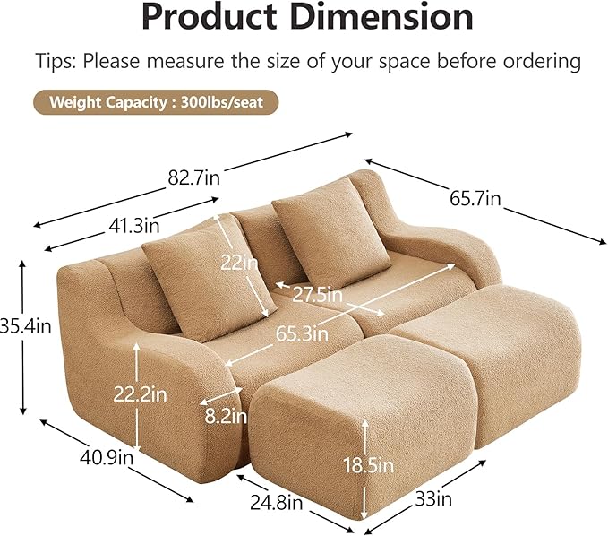Camel Modular Cloud Couch Loveseat with 2 Ottomans, Modern Teddy Fabric Boneless Sectional Sofa in a Box for Living Room, Deep Seat Floor Couch, No Assembly Required, Sofas para Sala
