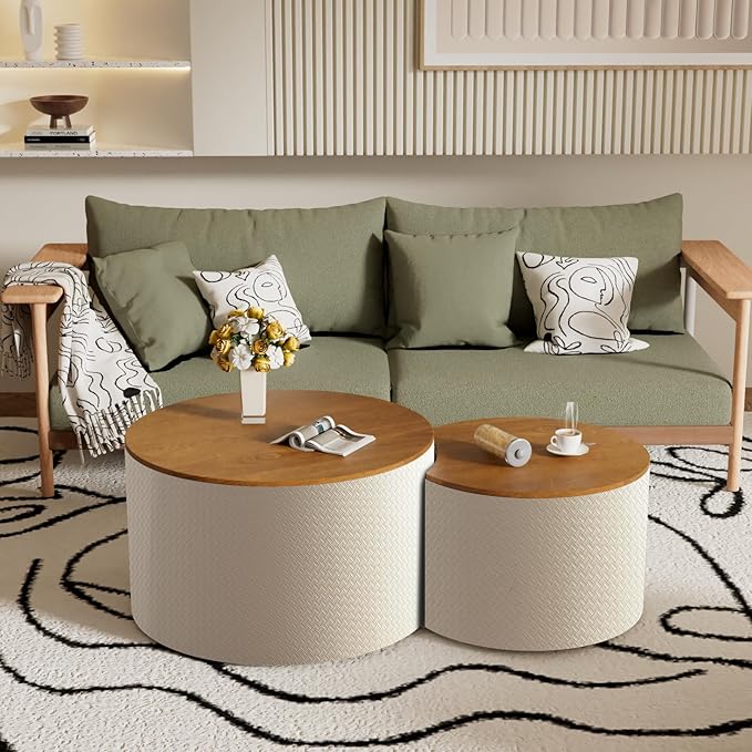 Round Nesting Coffee Table Set of 2, Round Fluted Coffee Tables with Storage for Living Room Leather Veneer Modern Nesting End Side Tables for Small Spaces (A Storage White)