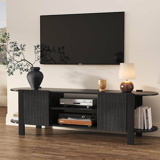 65 Inch TV Stand for Up to 75 inch TVs, Fluted Entertainment Center with Adjustable Shelve, Curved Round Corner TV Console Table with Storage Cabinet for Living Room, Bed Room (Black)