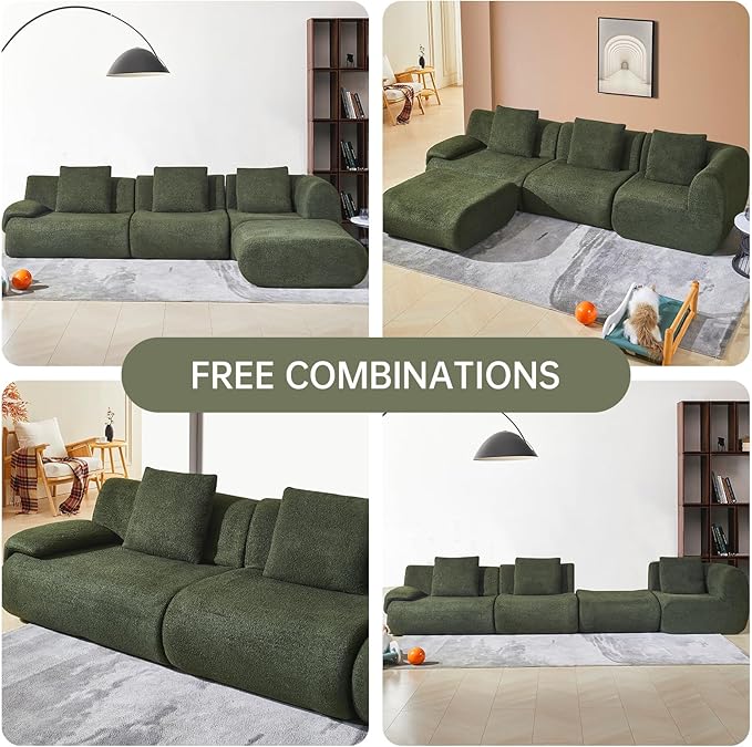 118" Modular Sectional Sofa with Movable Ottoman, 3-Seater Modern Teddy Velvet L-Shaped Couch, Convertible Cloud Sofa for Living Room, Sectional Boneless Couch