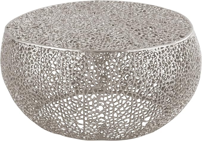 Modern Contemporary Round 32" Coffee Table, Solid Aluminum intrigued Design, Drum Shaped Mesh Cocktail Table, Creative Center Table for Living Room and Bedroom, Casted in Silver