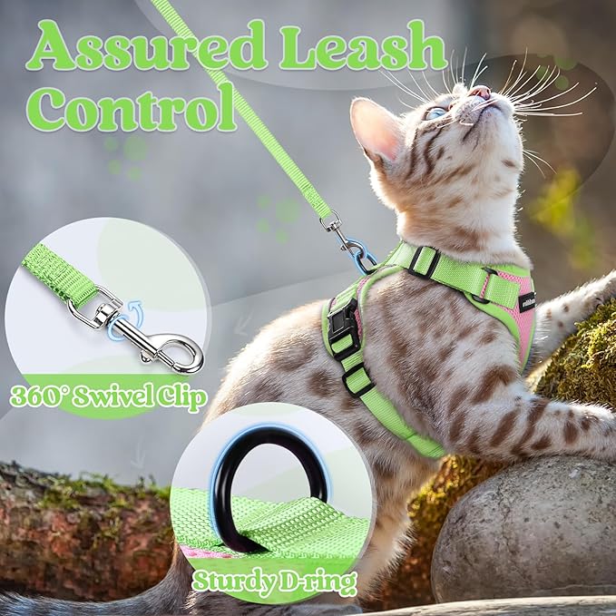 rabbitgoo Cat Harness and Leash Set, Escape Proof Soft Adjustable Vest Harnesses for Outdoor Walking, Easy Control Breathable Kitten Jacket with Reflective Strips, Pink & Light Green, S