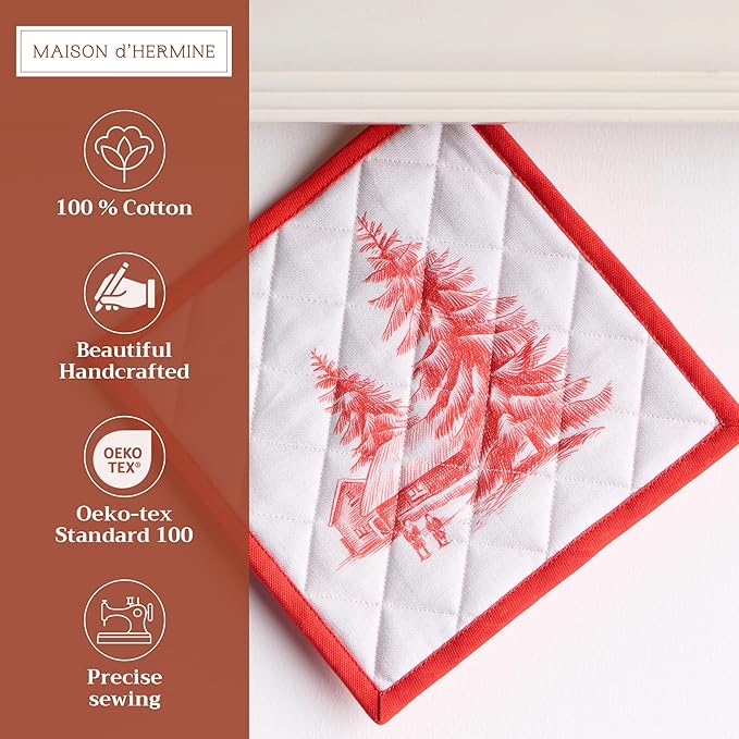 Maison d' Hermine Pot Holders Set 100% Cotton Heat Resistant Potholders 8" x 8" Hot Pads with Loop for Thanksgiving Christmas Decorations BBQ Cooking Baking Handling Hot Pans (Pack of 2, Winter Jouy)
