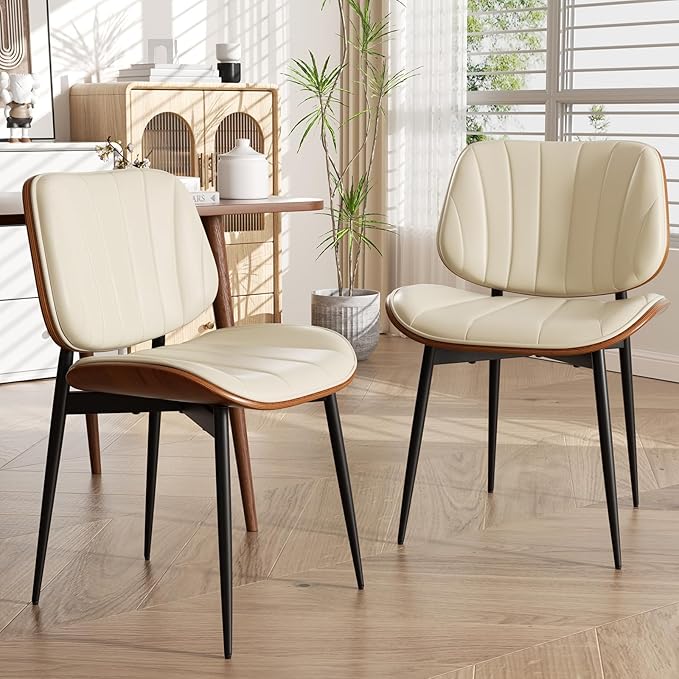 Dining Chairs Set of 4, Mid Century Modern Dining Room Chairs, Upholstered Faux Leather Kitchen Chair with Walnut Bentwood Back for Kitchen Dining Room Living Room, Beige