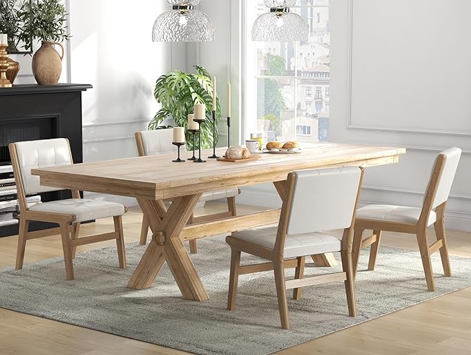 KCC Modern PU Leather Dining Chairs Set of 6, Upholstered Kitchen Chairs with Solid Wood Legs and Comfortable Seat for Dining Room/Lounge/Bedroom(White)