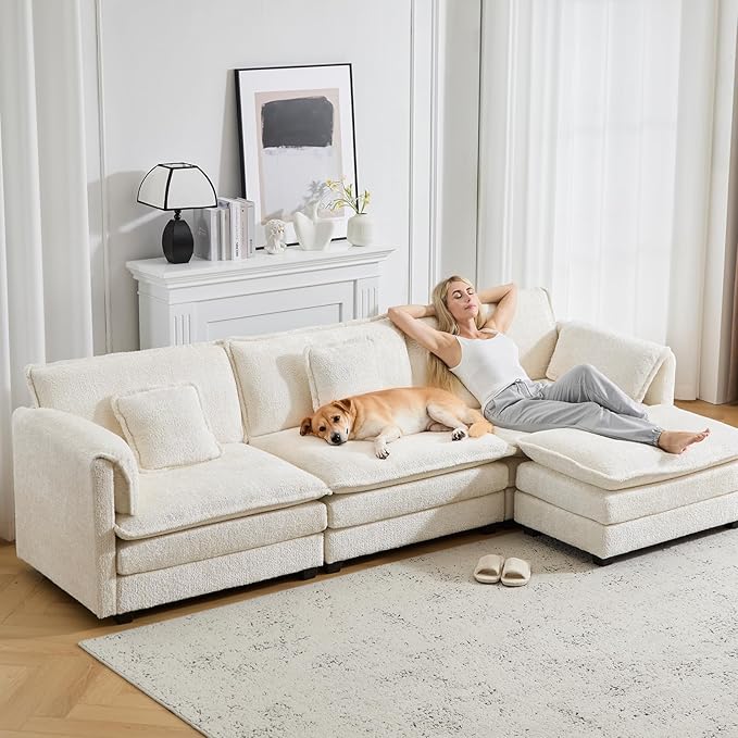 112" Modular Sectional Sofa with Movable Ottoman, L Shaped Couches for Living Room, 3 Seater Comfy Cloud Couch with Removable Cover, Armrest Pillow (Beige)