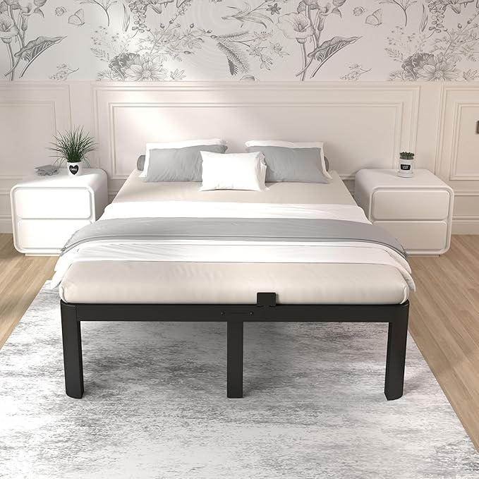 ITIMIDI 14 Inch Queen Bed Frame, Heavy Duty Metal Platform Bed Frame Queen Size, Safety Design with Rounded Corner Legs and DIY Headboard, High Load-Bearing, Noise Free, No Box Spring Needed, Black
