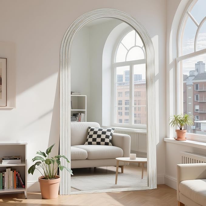 Antok Full Length Mirror 76"×41" Floor Mirror Standing Tall Mirror, Arched Stand up Large Wall Mirrors, Freestanding Full Body Mirrors for Bedroom Living Room Wood Vintage Style White