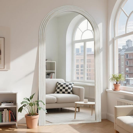 Antok Full Length Mirror 76"×41" Floor Mirror Standing Tall Mirror, Arched Stand up Large Wall Mirrors, Freestanding Full Body Mirrors for Bedroom Living Room Wood Vintage Style White