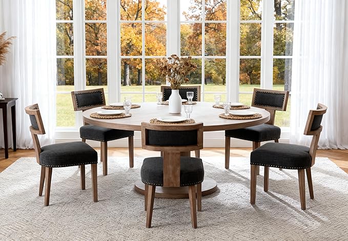 Mid Century Modern Dining Chairs Set of 2 Linen Fabric Upholstered Kitchen Side Chairs with Nailhead Trim, Modern Kitchen Armless Solid Wood Dining Chairs, Charcoal