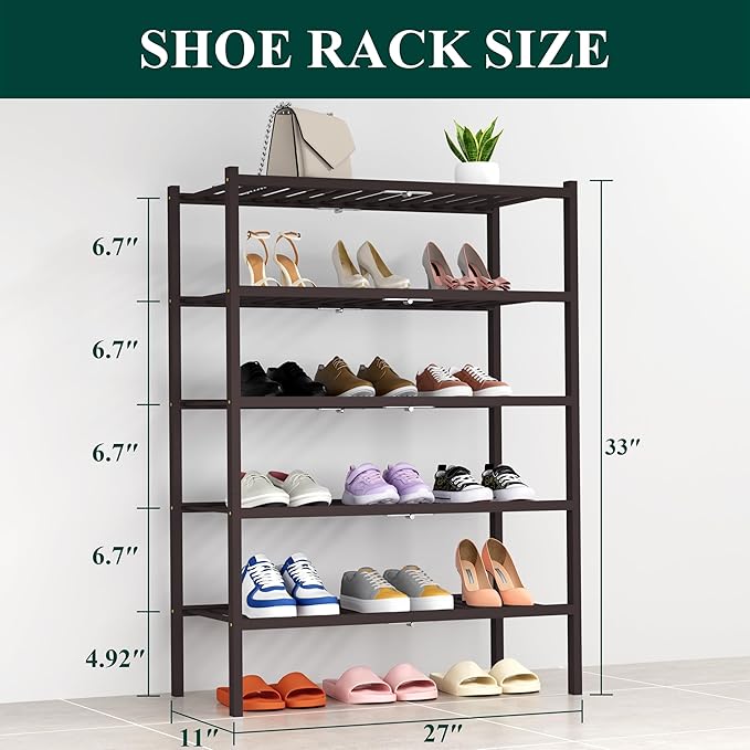Smiry Shoe Rack, 5 Tier Thick Bamboo Shoe Organizer, Stackable Free Standing Wooden Shoe Storage Shelf for Closet, Entryway, Front Door Entrance, Brown