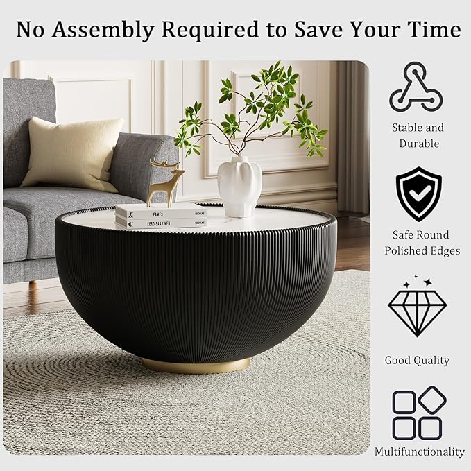 Black Round Coffee Table with Sintered Stone Tabletop, 27.56" Drum Coffee Table with Fluted PU Leather Covered and Metal Base, Circle Cocktail Tea Table for Living Room