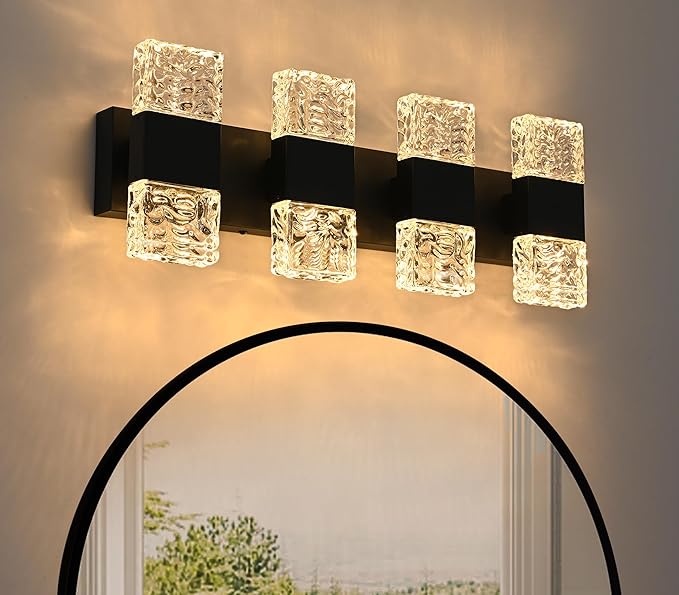 MELUCEE LED Bathroom Vanity Light 32W Crystal Vanity Light Bar 23.6 in Modern Black Bathroom Light Fixtures Crystal Wall Sconce for Bath Powder Room Entryway, 3000K Warm Lighting