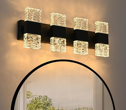 MELUCEE LED Bathroom Vanity Light 32W Crystal Vanity Light Bar 23.6 in Modern Black Bathroom Light Fixtures Crystal Wall Sconce for Bath Powder Room Entryway, 3000K Warm Lighting