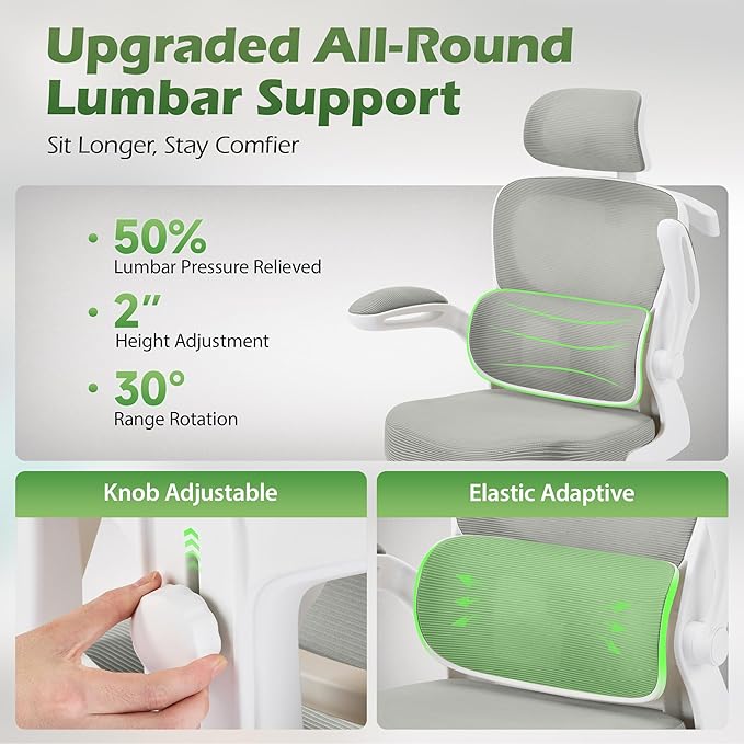 Office Chair Ergonomic Desk Chairs with Adjustable Lumbar Support& Headrest Hanger, High Back Breathable Mesh Chair with Wheels, Rolling Swivel Comfy Task Computer Chair for Home Work Gaming