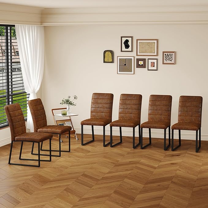 Modern Dining Chairs Set of 4, White Faux Leather Kitchen Chairs, Upholstered Armless Dining Room Chair with Gold Mental Legs Heavy Duty, Comfortable (Brown Chiars, Set of 6)