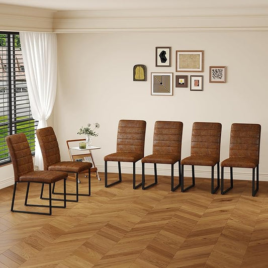 Modern Dining Chairs Set of 4, White Faux Leather Kitchen Chairs, Upholstered Armless Dining Room Chair with Gold Mental Legs Heavy Duty, Comfortable (Brown Chiars, Set of 6)