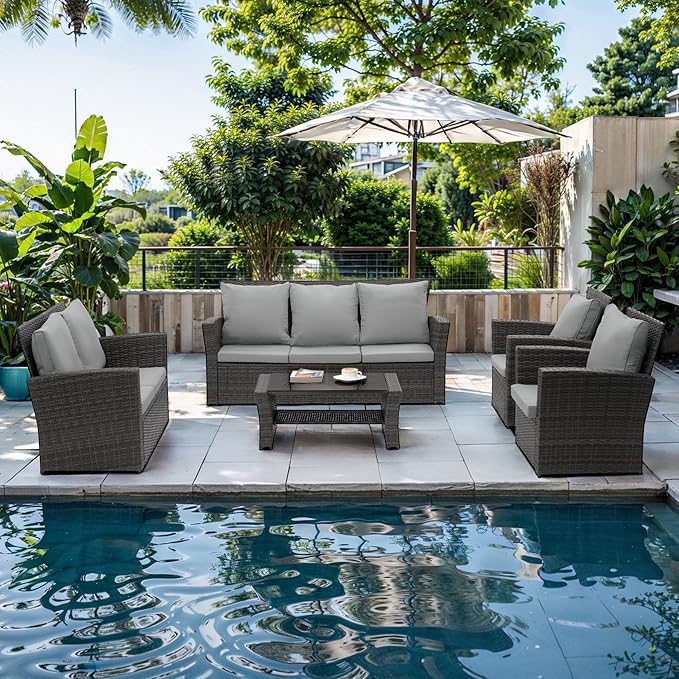 Wisteria Lane 5 Piece Patio Furniture Set, Wicker Outdoor Patio Conversation Furniture Set, All Weather Outdoor Patio Sofa with Cushion and Glass Table, Grey