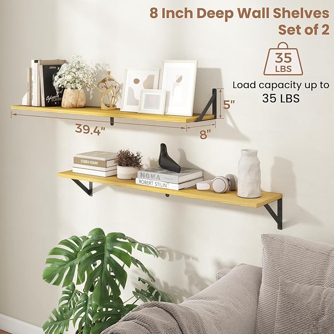 Axeman 40 Inch Floating Shelves | 8 Inch Deep Oak Wall Shelves Set of 2 | 39.4W x 8D Rustic Wood Shelves for Bookshelf Living Room Bedroom Home Office Bathroom