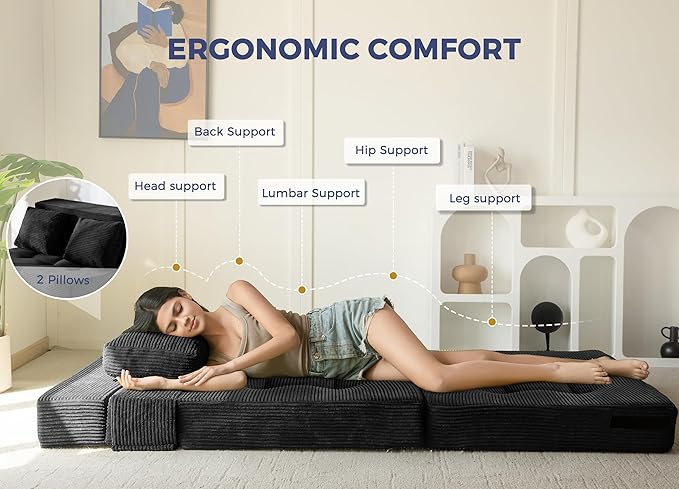 MAXYOYO Convertible Sofa Bed, Fold Out Sleeper Sofa with Pillow, 4 in 1 Tufted Folding Couch Bed Foam Floor Couch, Lazy Chair for Living Room Bedroom Guest Room, Black