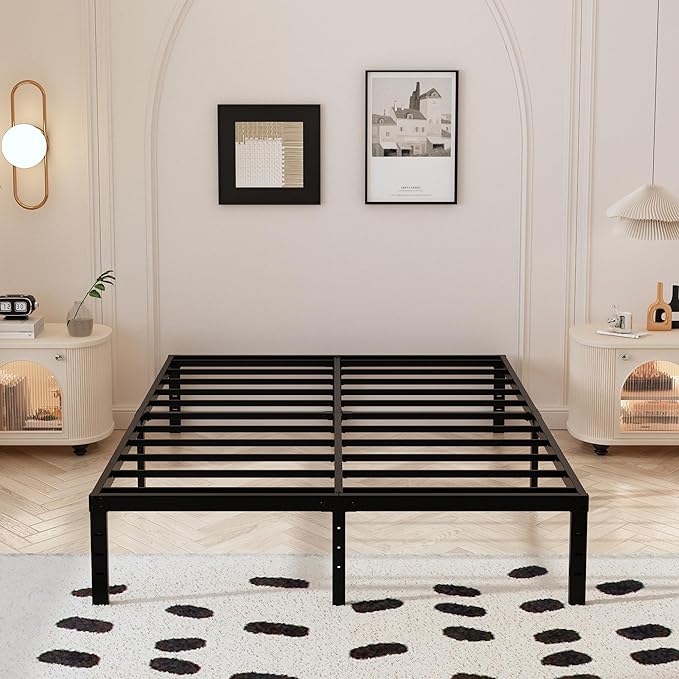 Bed Frame Queen Size with White Fabric Cover 14 Inch, Heavy Duty Metal Queen Bed Frame, No Box Spring Needed, Support Up to 3000 lbs, Easy Assembly, Noise Free, Black
