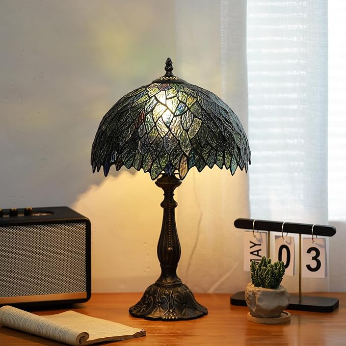 Tiffany Lamps Brownish Green Leaves Style Stained Glass Table Lamp Desk Bedside Reading Light 12X12X18.5 Inches with Bronze Resin Base Applicable to Bedroom Living Room Office