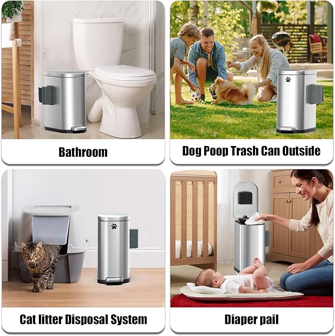 Dog Poop Trash Can Outside with Odor Control Lid & Step Pedal, 3.2Gal Stainless Steel Outdoor Trash Can, Waterproof Dog Waste Container - Includes 3 Carbon Filters & Bin Bag Holder