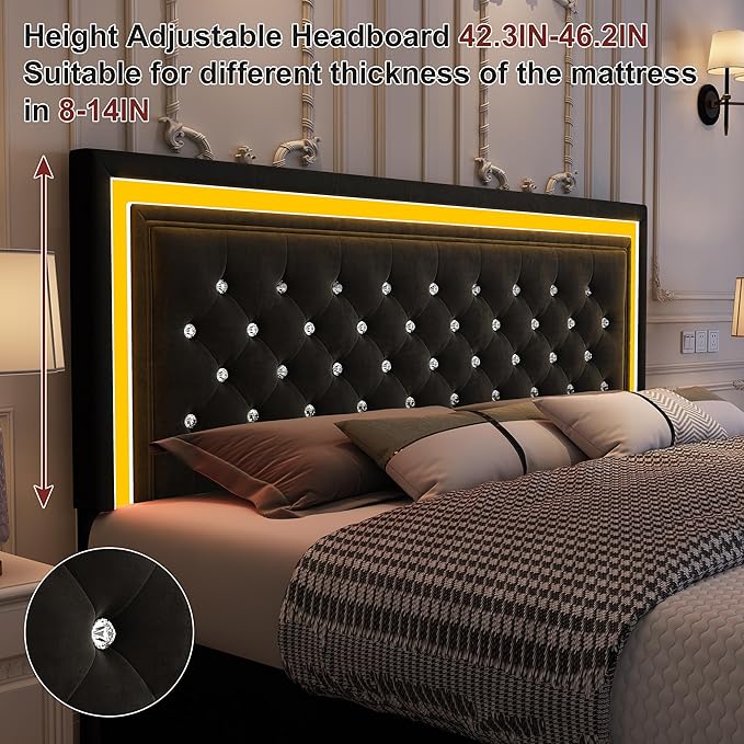 King Led Bed Frame with 4 Storage Drawers, Bed Frame with Led Lights No Box Spring Needed, 900 lbs Capacity, Easy Assembly, Velvet Black