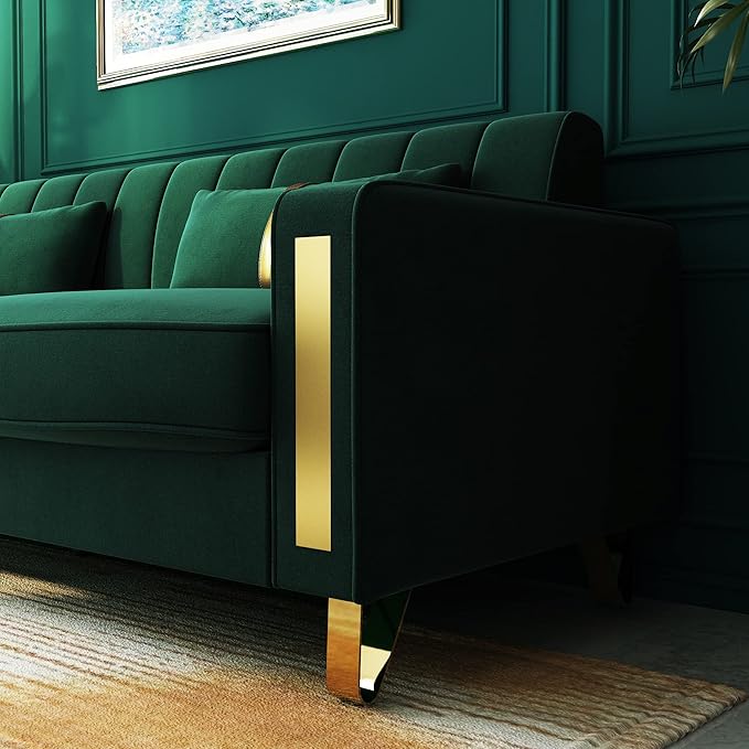 Couch 85.62" 3 Seats Sectional Velvet Fabric Sofa Easy Assemble Sofa Bed with 2 Couch Pillows,Gold Metal Legs for Living Room (P17, Green)