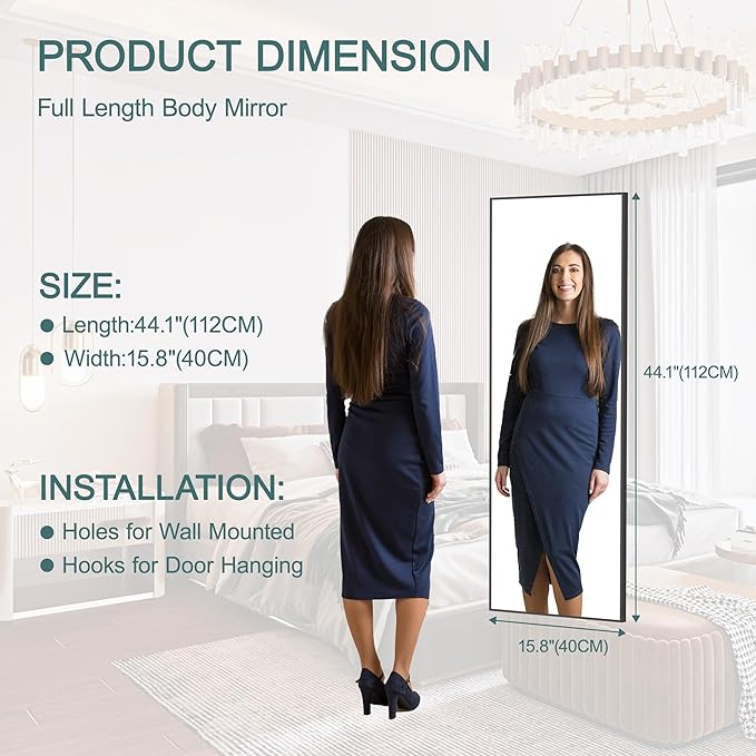 Hasipu Door Mirror Full Length, 44"x 16" Full Body Over The Door Hanging Wall Mounted Mirror for Bedroom, Living Room, Cloakroom, Square Black