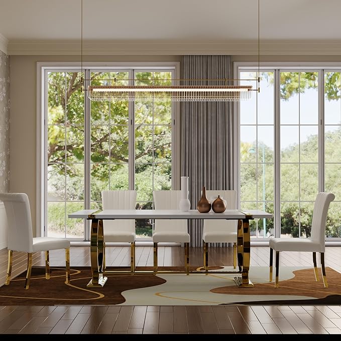 Asday Modern Large Dining Table, 80 Inch White and Gold Dining Table Unique Kitchen & Dining Room Table for 6-8, with White Tabletop and U Shape Stainless Steel Base