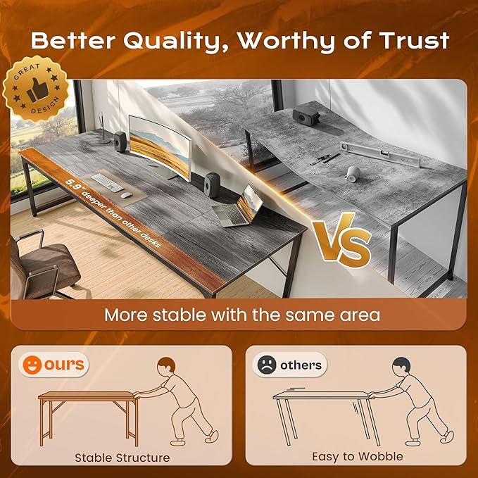 PRAISUN 63 X 29.5 Inch Computer Desk with Deeper Desktop, Gaming Office Writing Work Desk for Home Office, Study, Bedroom, Work from Home, Metal Frame, Grey