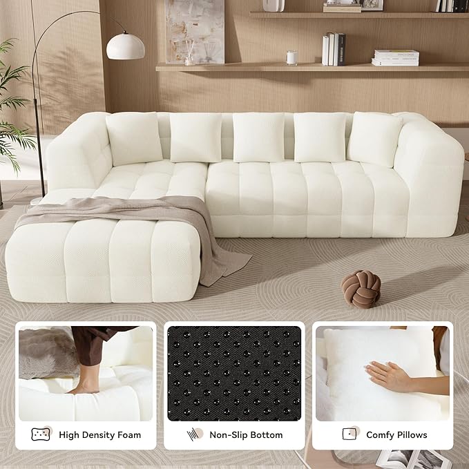 107" Boneless Couch with L - Shaped Chaise, Modern Chenille Modular Sectional Sofa with Tufted Design, Comfy Upholstered Sofa, No - Assembly Sectional Couch, Cream White