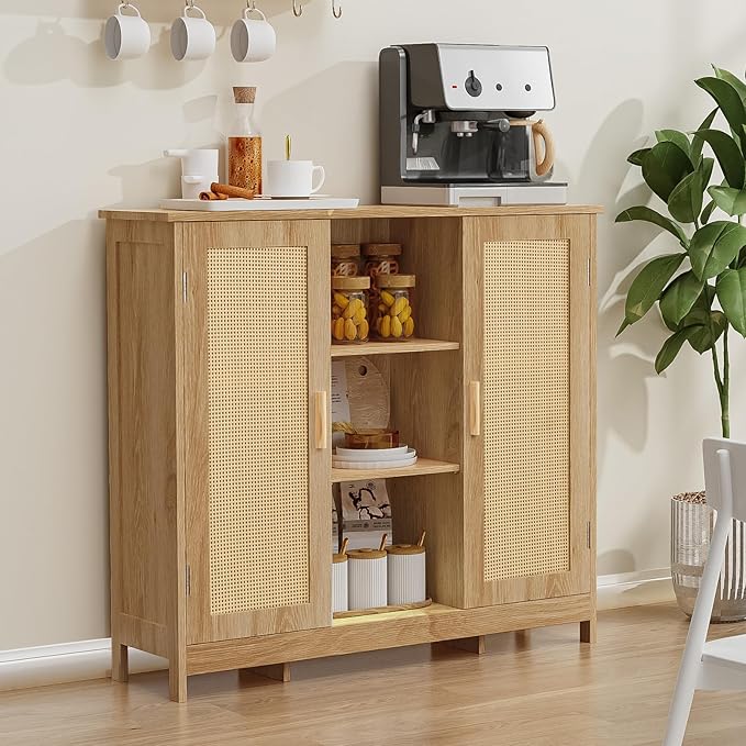 Iwell Rattan Storage Cabinet with 4 Adjustable Shelves, Coffee Bar Cabinet, Sideboard Buffet for Kitchen, Living Room, Entryway, Natural