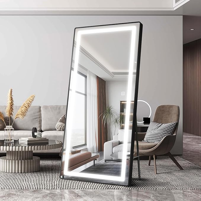 FENNIO Full Length Mirror with Lights, 71"x32" LED Full Body, Free Standing Lighted Floor Mirror, Wall Mounted Hanging Mirror for Bedroom, Salon, 3-Color Lighting [Tempered Glass]