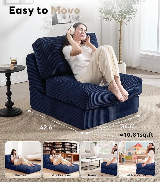 Tbfit Folding Sofa Bed, Convertible Sleeper Chair with Large Pillow, Corduroy Folding Couch Bed, Portable & Foldable Mattress Boneless Floor Sofa for Living Room, Bedroom, Office, Blue, Single