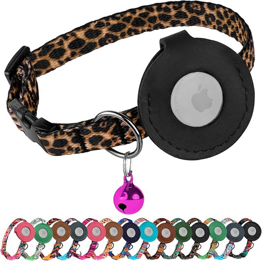 Airtag Cat Collar with Bell - Non Breakaway Soft Pet Collar with Leather Air Tag Holder - Adjustable GPS Anti-Lost Collars for Girl Boy Cats Kitten Puppies, Lightweight and Patterned (Leopard)